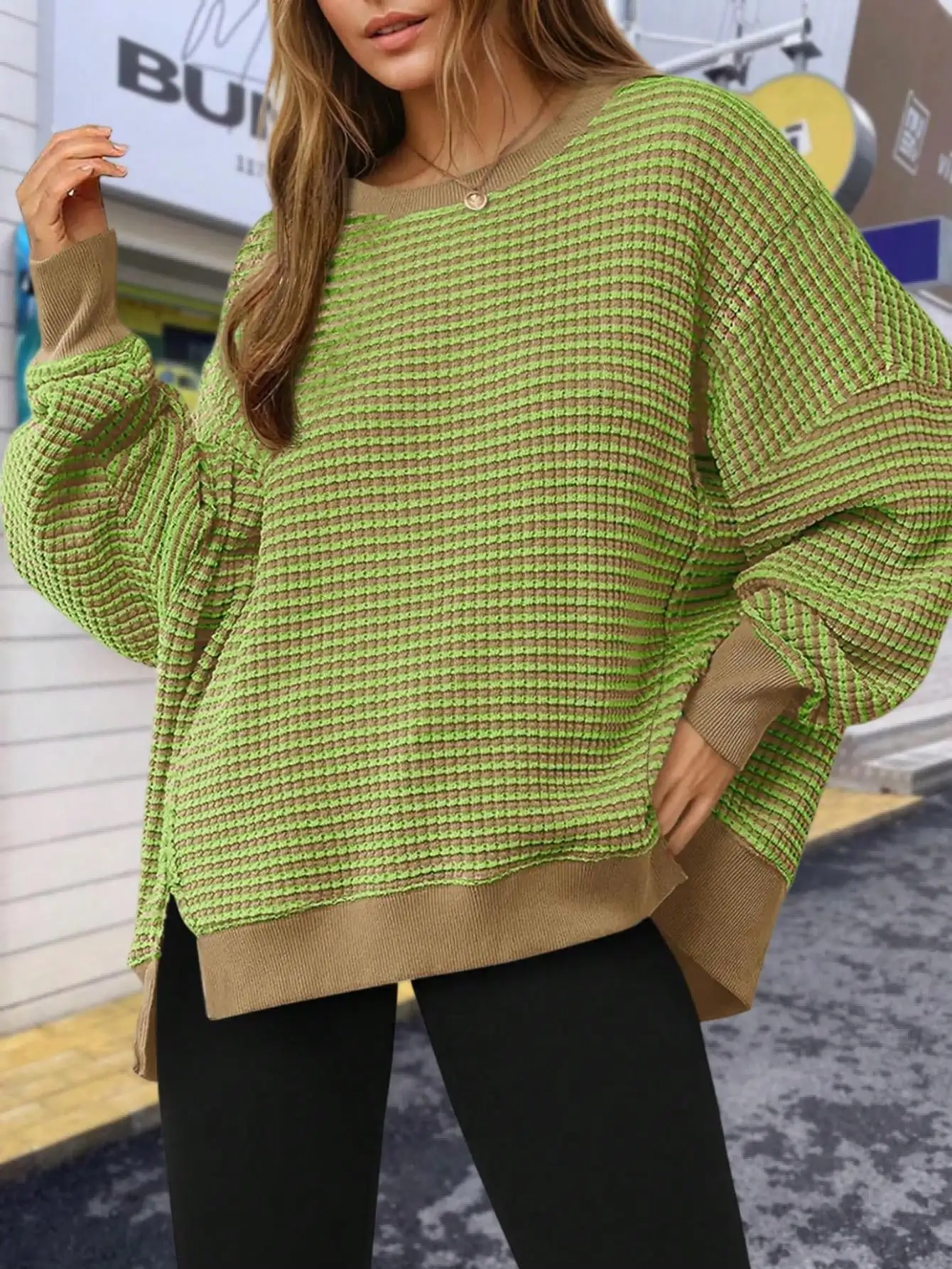 

Women's Oversized Waffle Knit Sweatshirt - Casual Long Sleeve Crewneck Split Hem Pullover Top for Fall
