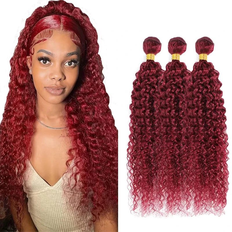 99J Burgundy Kinky Curly Bundles Human Hair 1/3/4 Bundles Burmese Remy Human Hair Extensions 8-32 Inch For Women