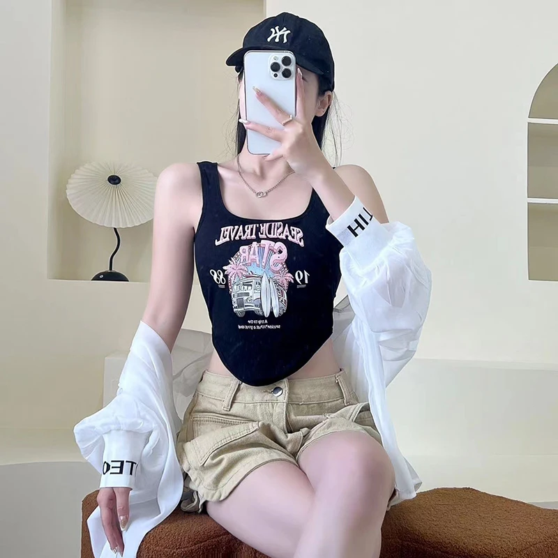 Ygolonger 2023 Streetwear With Chest Pad Sexy Mini Printing Tank Top Sleeveless Camisole Vest Casual Bult in Bra Charm Women