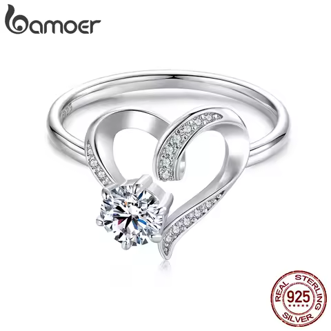 BAMOER 925 Sterling Silver Solitare Heart Love Moissanite Engagement Ring for Women, Gold Plated Wedding Band Promise Rings