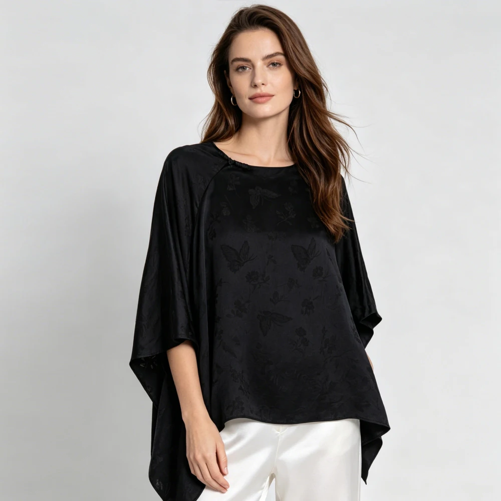 Women's Casual Summer Clothing 100% Natural Mulberry Silk Jacquard Satin National Luster Round Neck Loose Shawl T-shirt