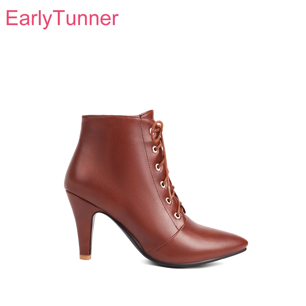 

2026 Spring New Classic Brown Apricot Women Ankle Booties Lace up High Heels Lady Dress Shoes Plus Small Big Size 10 33 43 46 47