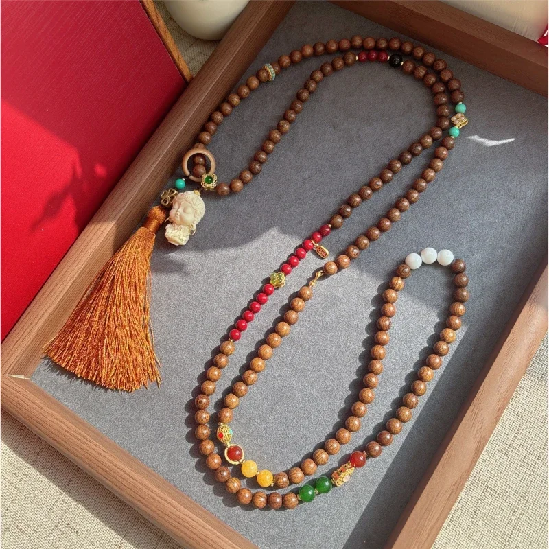 Natural sandalwood crossbody multi-purpose sweater chain men's and women's Bodhi rosary beads Duobao multi-circle Buddha bead