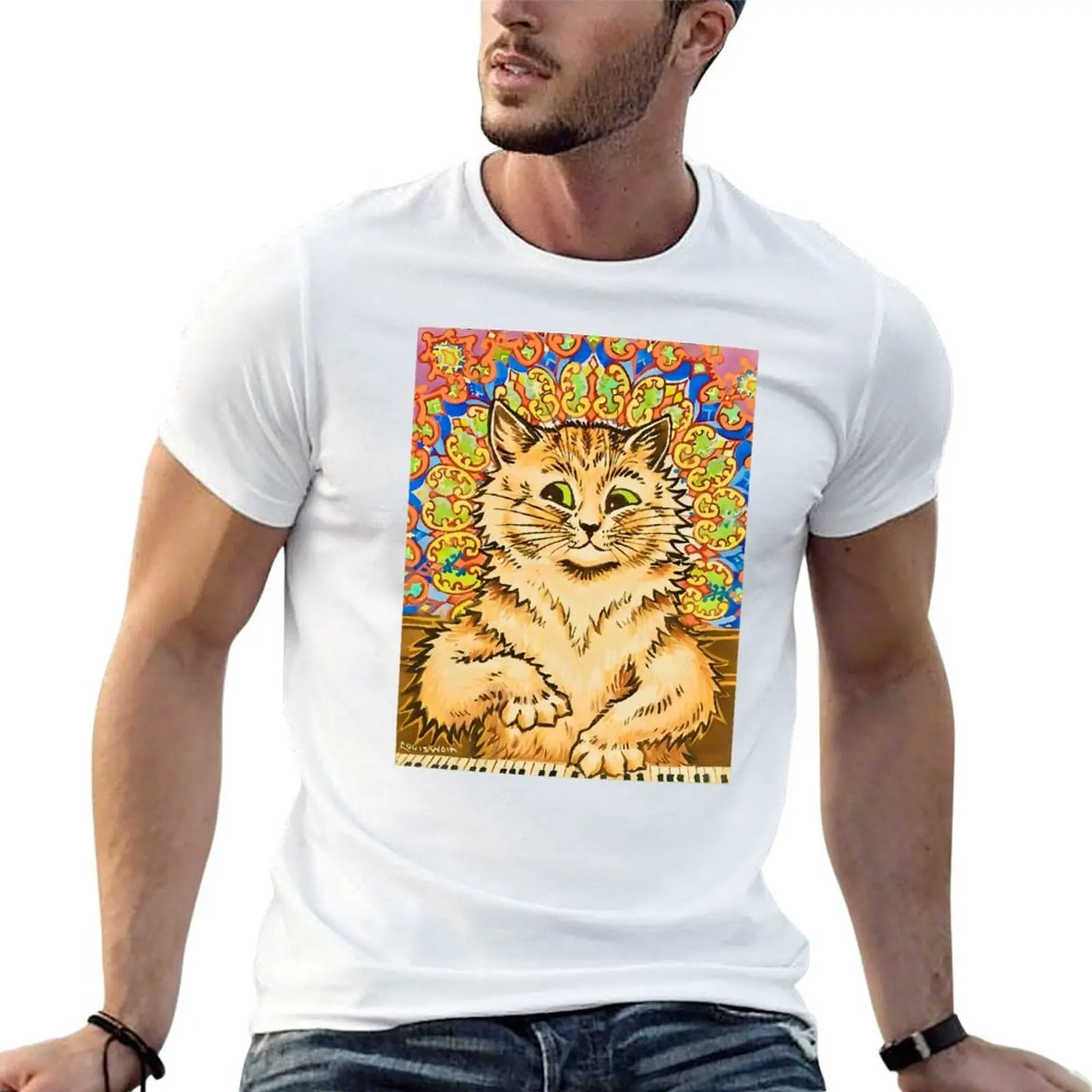 

Cat Playing a Piano in Front of a Psychedelic Background by Louis Wain T-Shirt t shirts for man cotton soft T-Shirt
