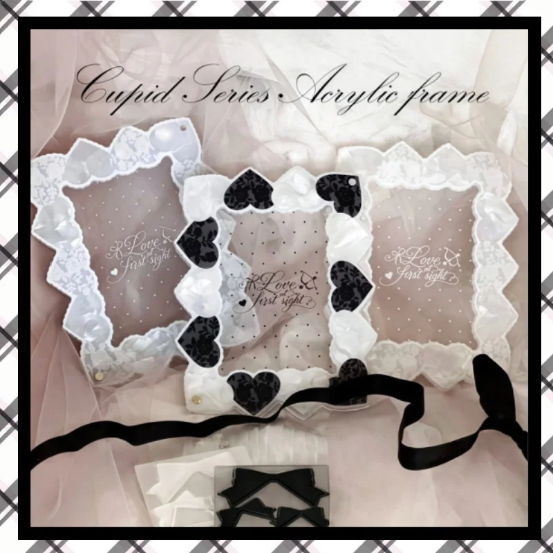 Cupid 3/3.5 Inch Acrylic Photo Frame, Lace Rose Heart Pattern Card Display Holder, for Anime Kpop Merch Decor & Shooting Prop