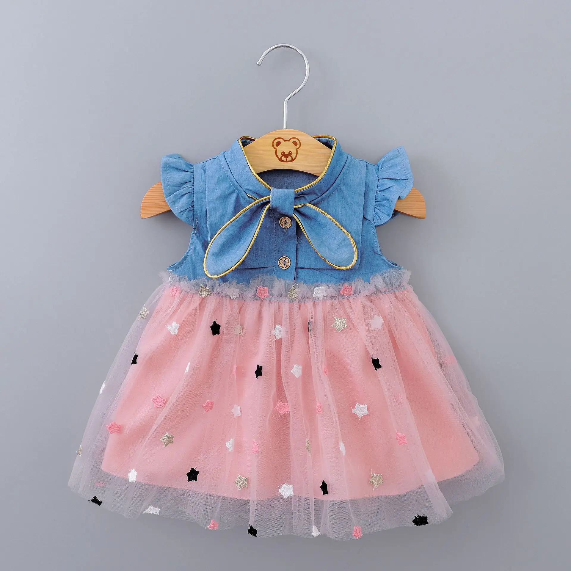 Summer New Girl Baby Dress Small Flying Sleeves Bow Neckline Mesh Colored Five pointed Star Cowboy Fluffy Dress Birthday Party