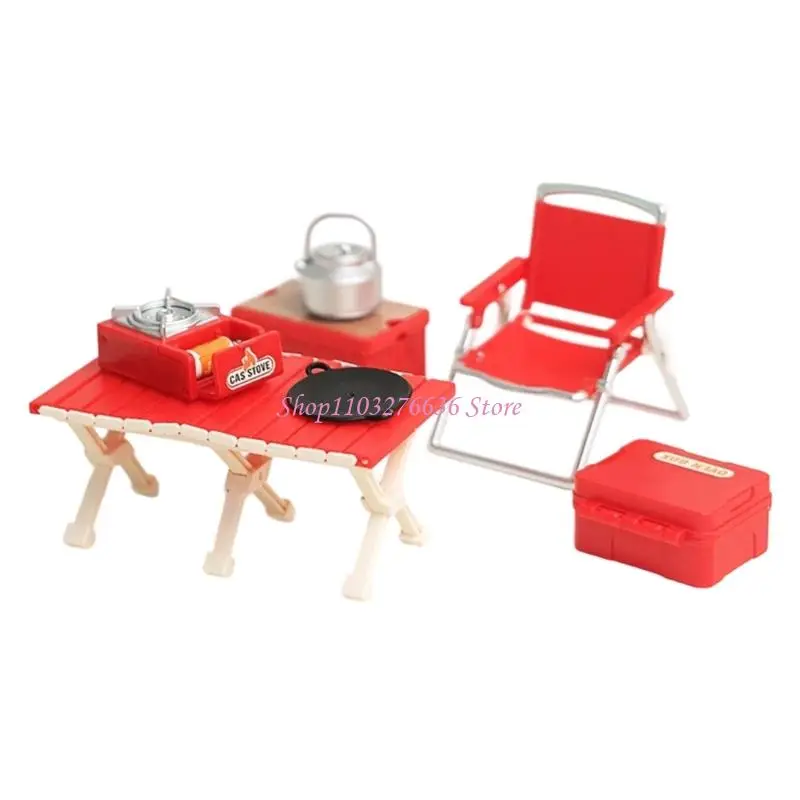 R6FD Realistisch Miniatuur Campingstoel Tafelmodel Beeldje Set Voor Poppenhuis Scène-instelling Eenvoudige Levensecht