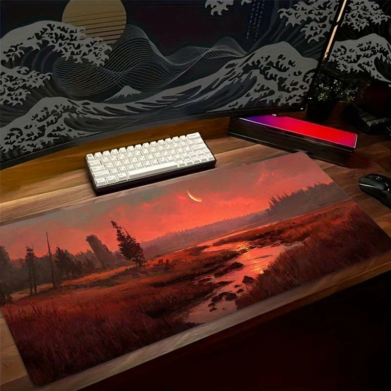 Dramatic Red Sunset River Landscape Extended Mouse Pad Rubber Non-Slip Mat for Gaming Office