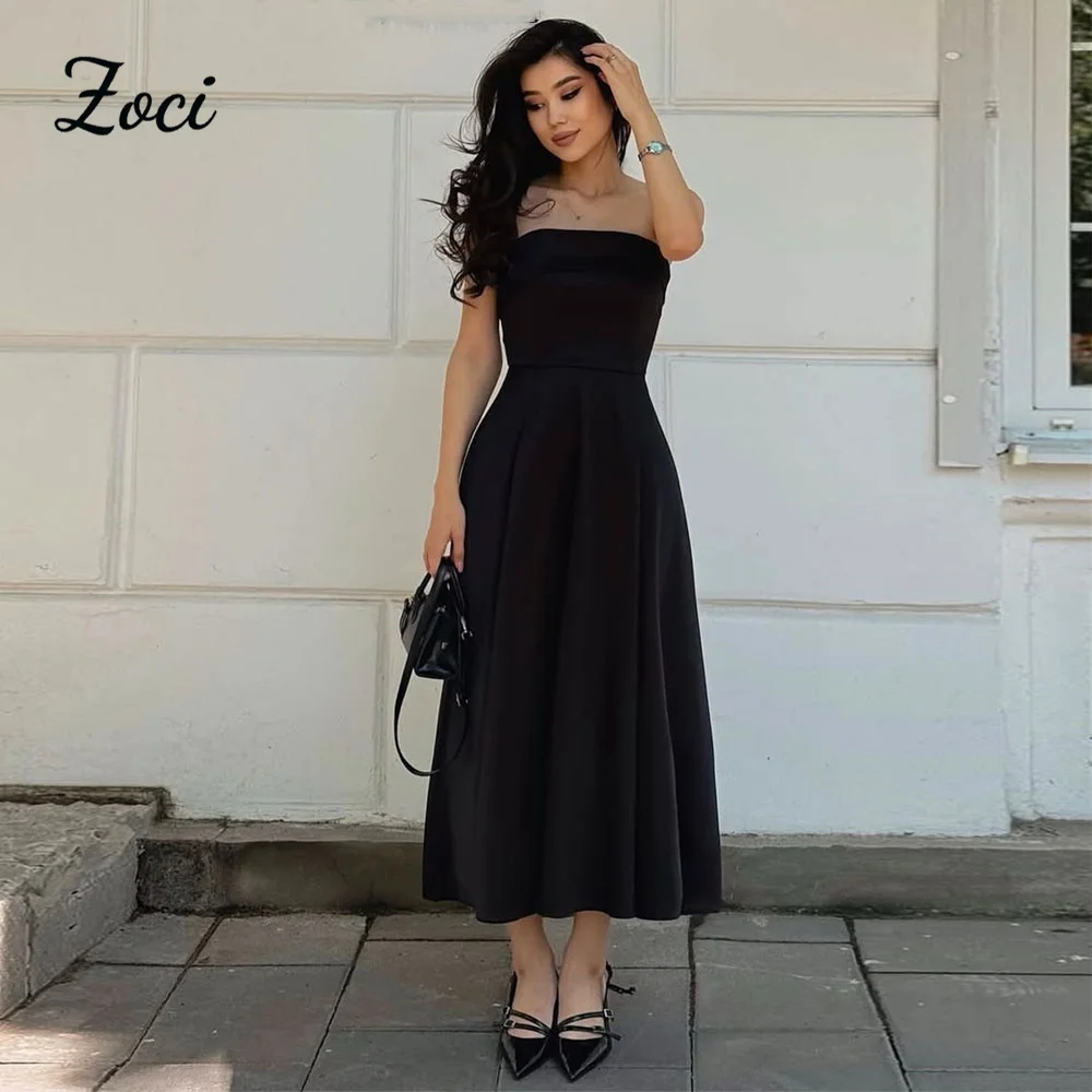 

Zoci Black Satin A Line Prom Dresses Strapless Mid Customized Women Evening Dress Simple Formal Occasion Party Gown