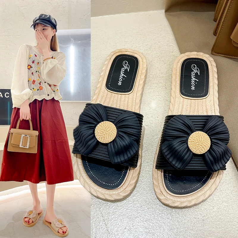 2022 The New Fashion All-match Flat Bottom One Word Drag Bow Tie Sandals Temperament Slippers Female Outside Fairy Style Summer