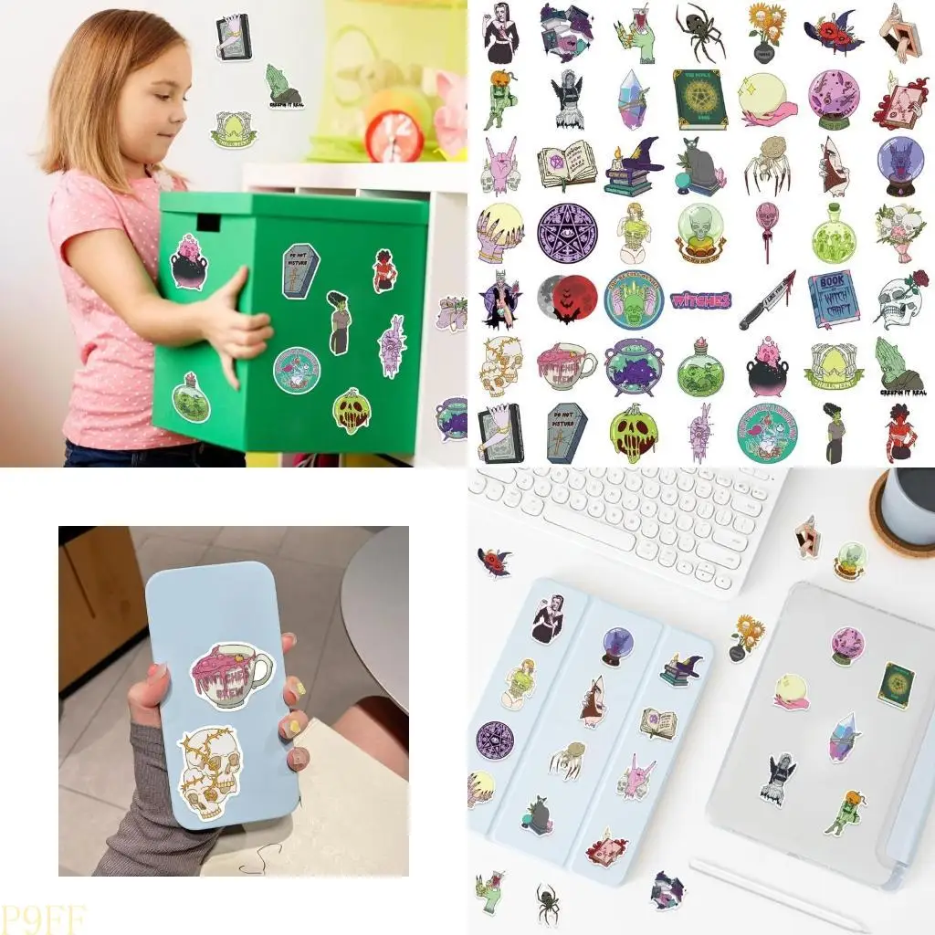 

CS1W Cartoon Witch Theme Sticker Pack 50 Sheets Removable Adhesive No Residues PVC Decals For Crafts Gift Party Supplies