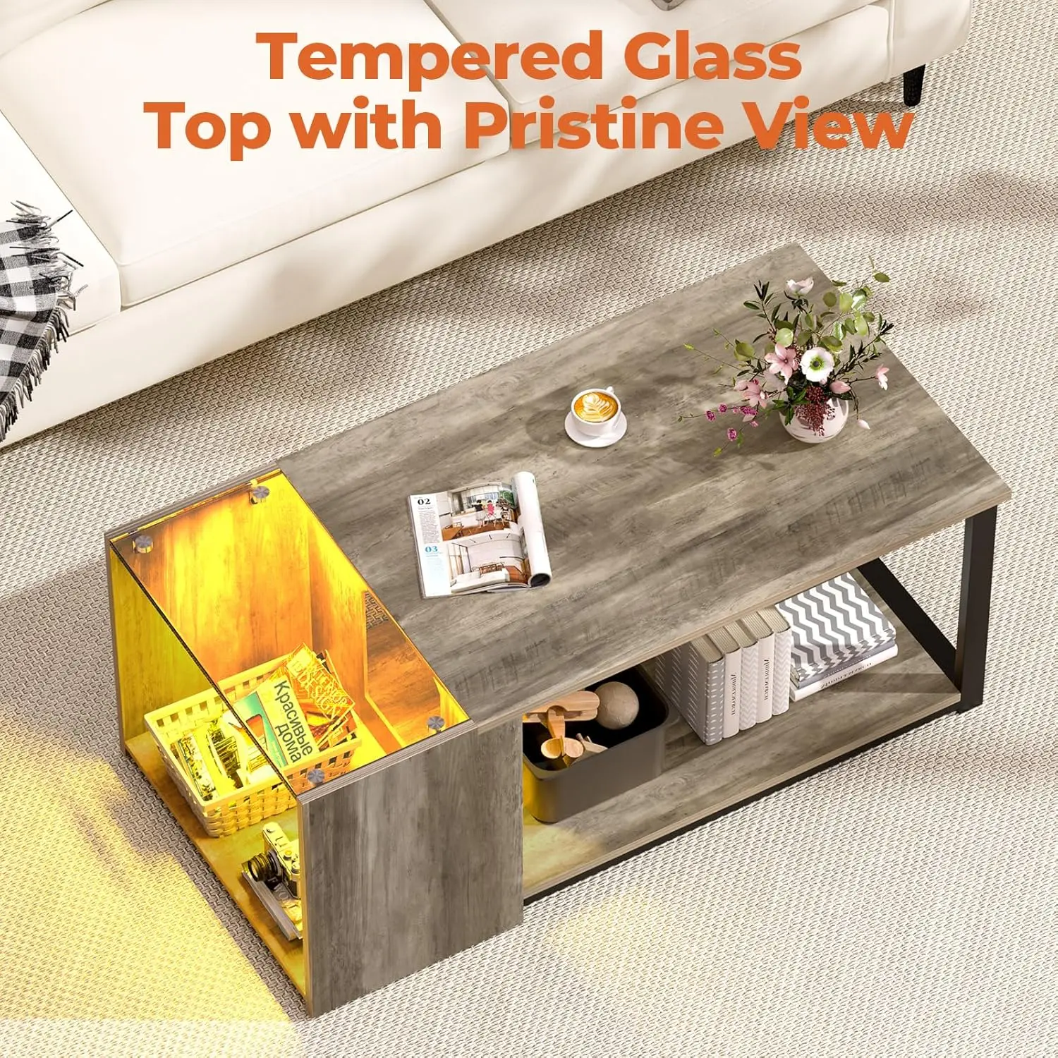 Coffee Table for Small Living Room, Modern Center Tables with Storage, Rectangular Glass Top Table with LED Light, Grey