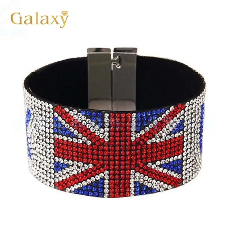 

New Mixed Color Crystable Bracelet Classic UK Flag Pattern Rhinestone Bracelet Unisex Fashion Bangle Trendy Jewelry 7.48inch