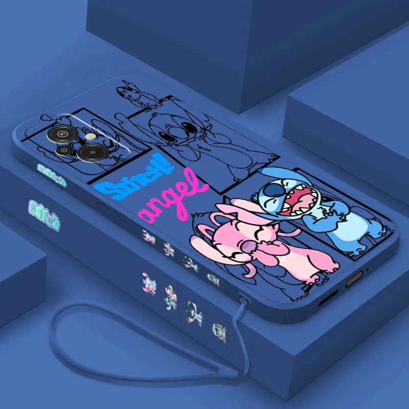 Disney Cute Stitch Angel Liquid Left Rope Phone Case For Redmi 6 7 8 9 10 11 12 13 K30 40 50 60 AT X A1 Ultra Pro Soft Cover