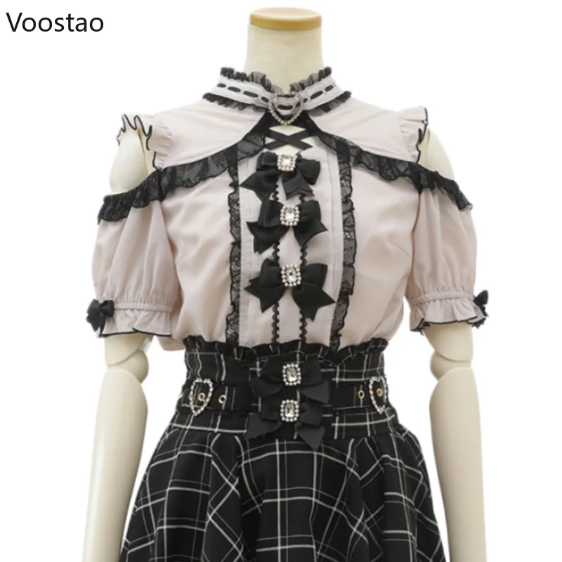 Japanese Sweet Lolita Blouses Women Elegant Love Heart Bow Off Shoulder JK Shirt Girls Gothic Lace Ruffles Blusas Mujer Tops