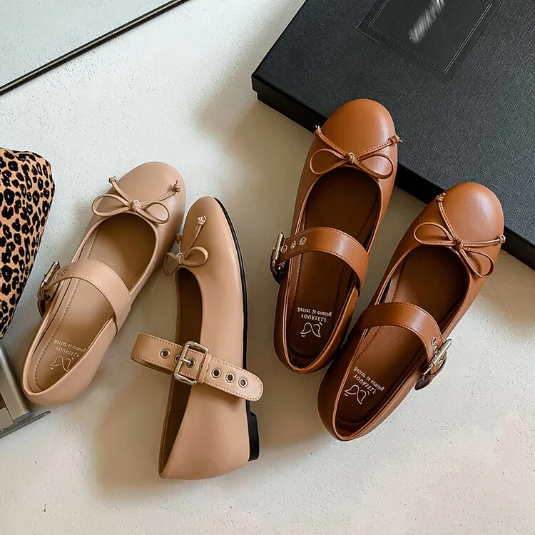 apricot-leather-shallow-women-ballet-shoes-bowknot-decor-casual-creepers-3cm-height-increasing-flat-brown-buckle-strap-ballerine