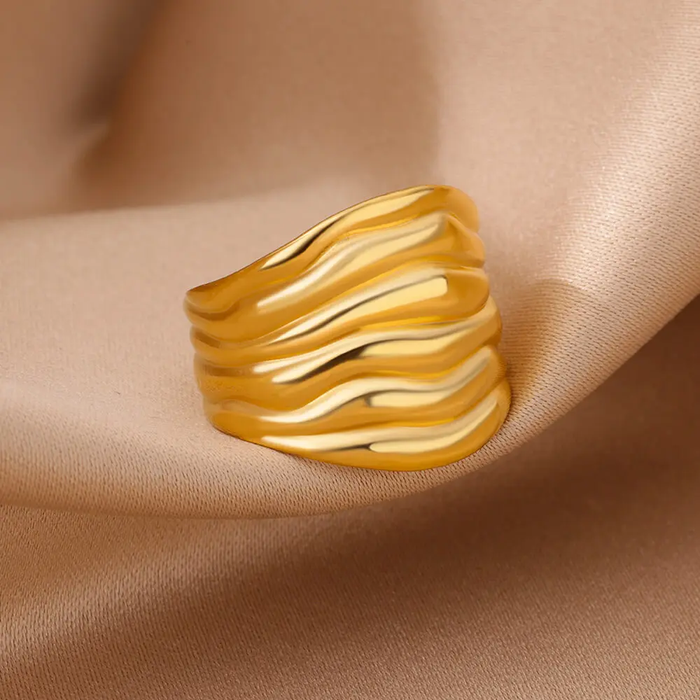 New Trend Stainless steel Geometric Texture Wide Rings For Women Men Irregular Gold Color Wedding Ring Female Punk Jewelry Gift