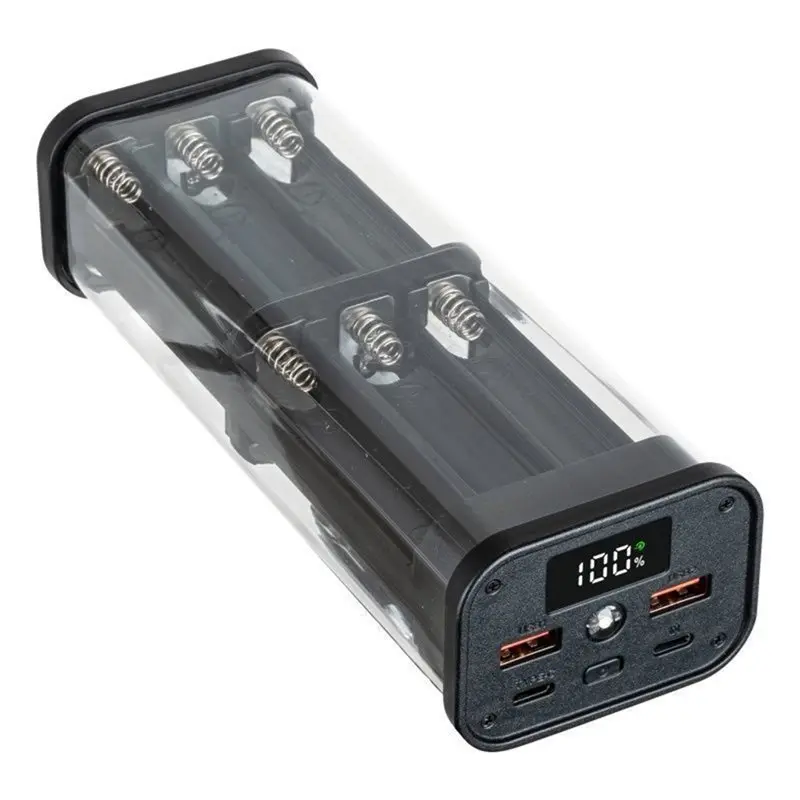 

AS94-Transparent Black LED 18650 Battery Storage Box, 22.5W Fast Charging Power Bank Case 12