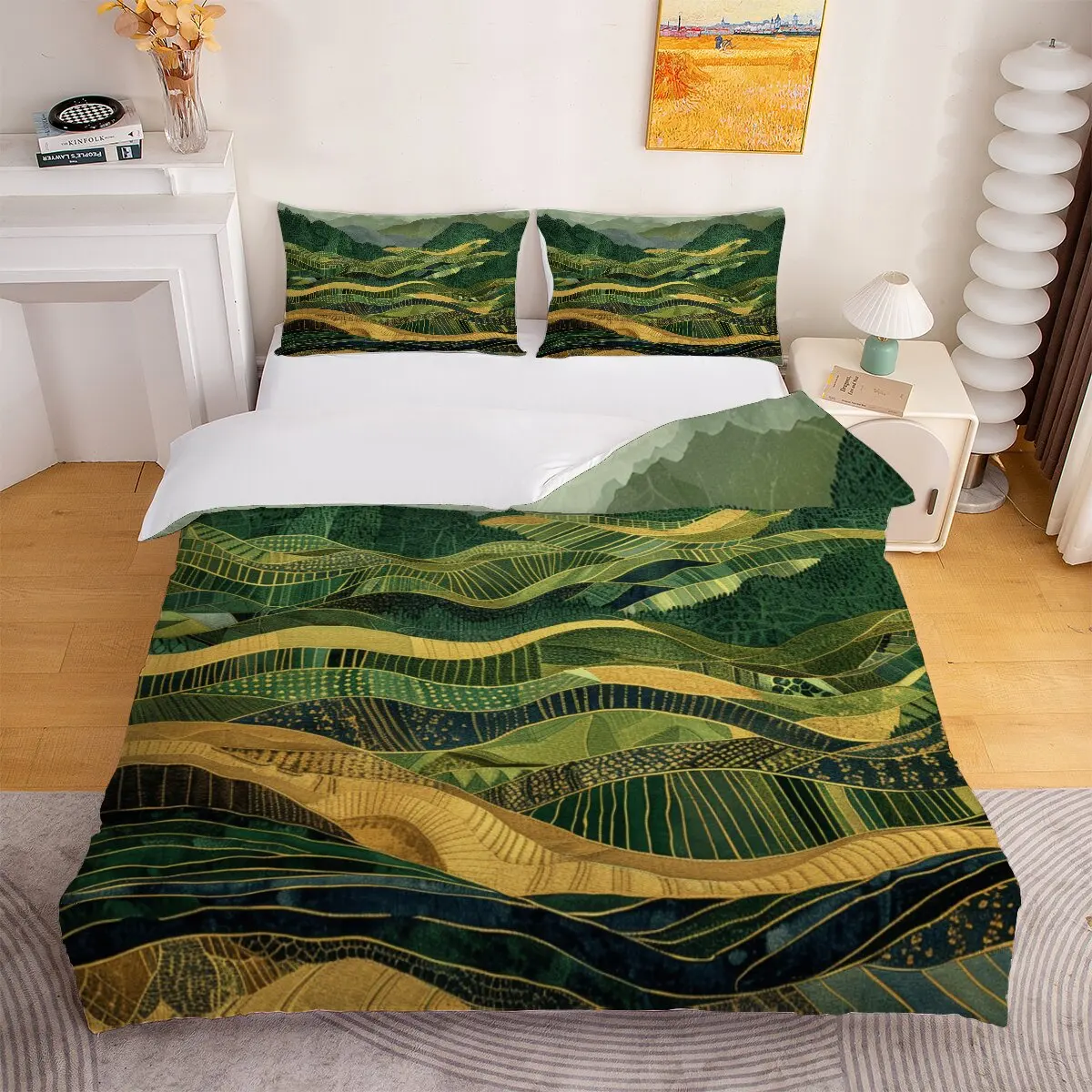 Terrace landscape  Down comforter set large size  Green terrace  Printed duvet cover 3-piece set with 2 pillowcases