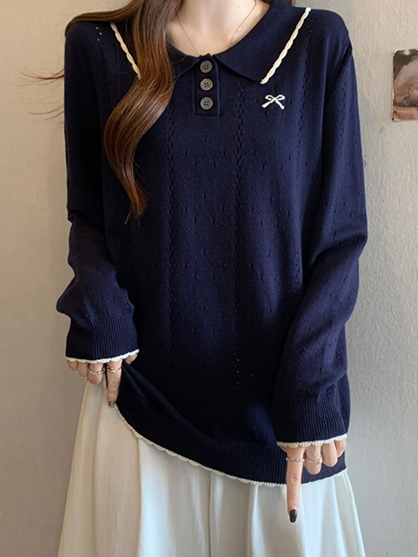 

Синий вязаный свитер с воротником-стойкой, ажурный, свободного кроя, повседневный, для осени и зимы, больших размеров, женский топ