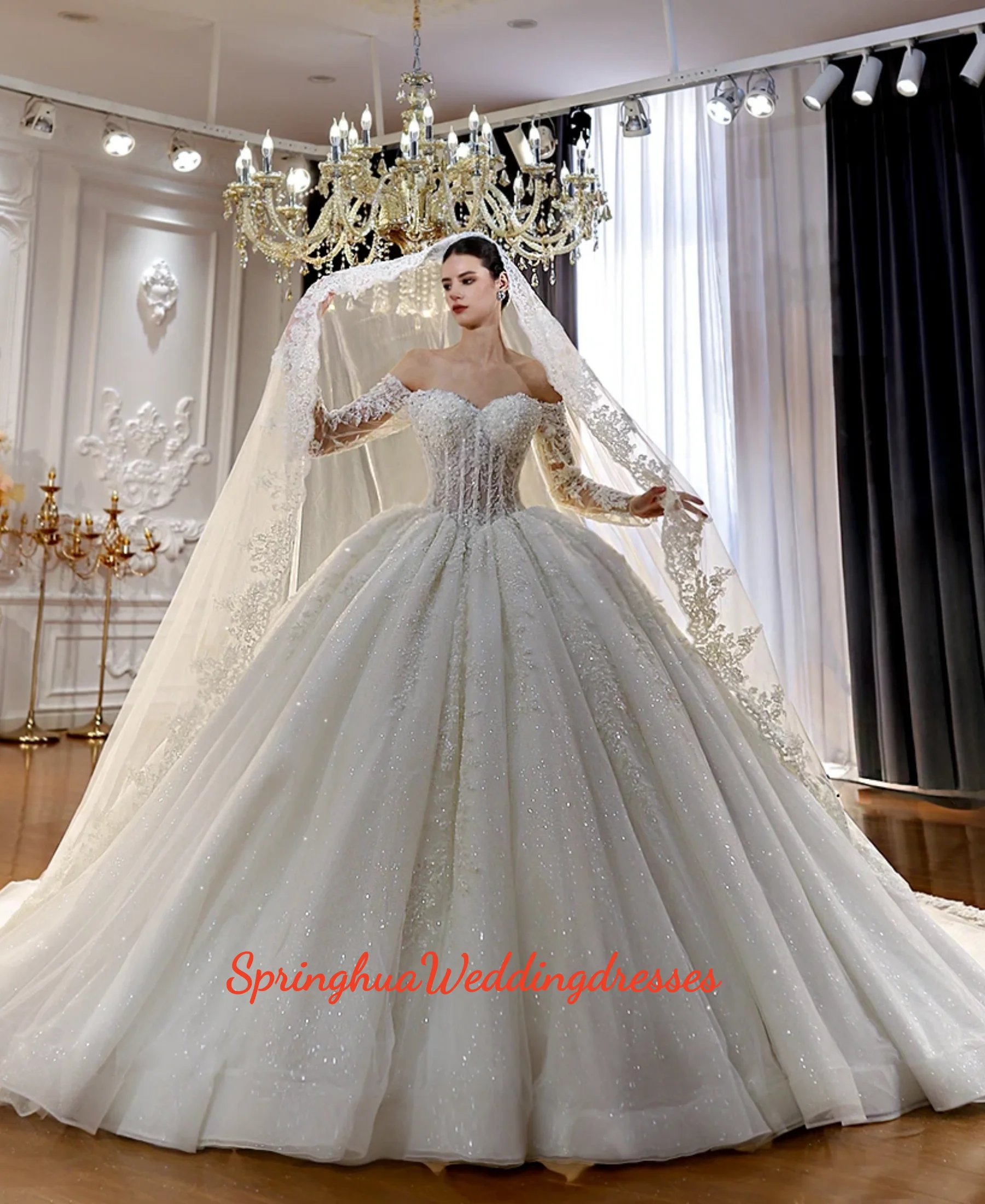 

Customized Elegant Ball Gowns Appliques Sequins Off Shoulder WeddingDress Long Sleeve Pleat Sweep Train Bridal vestidos de novia