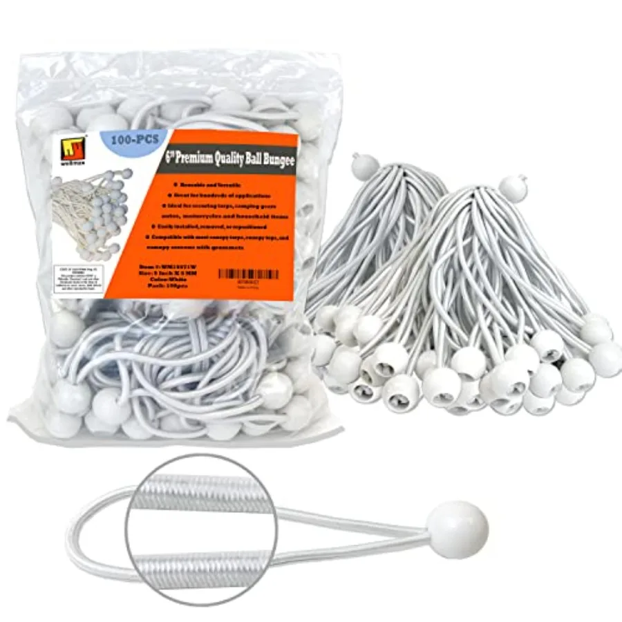

6 inch 100 Piece Heavy Duty 5mm Ball Bungee Canopy Cord by White Color