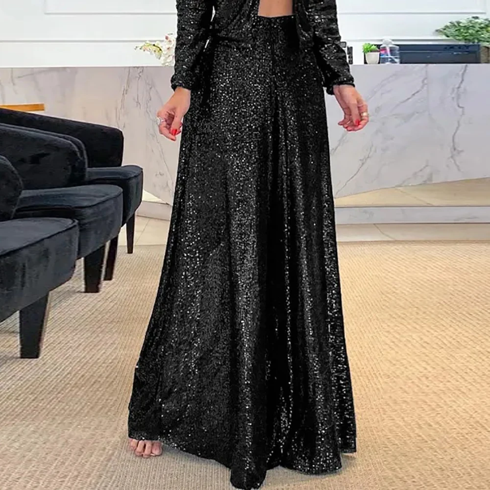 Women's Elegant Golden Thread Wide Leg Pants High Waisted Sparkle Trousers Glamorous Party Clubwear Shiny Evening Fashion Bottom