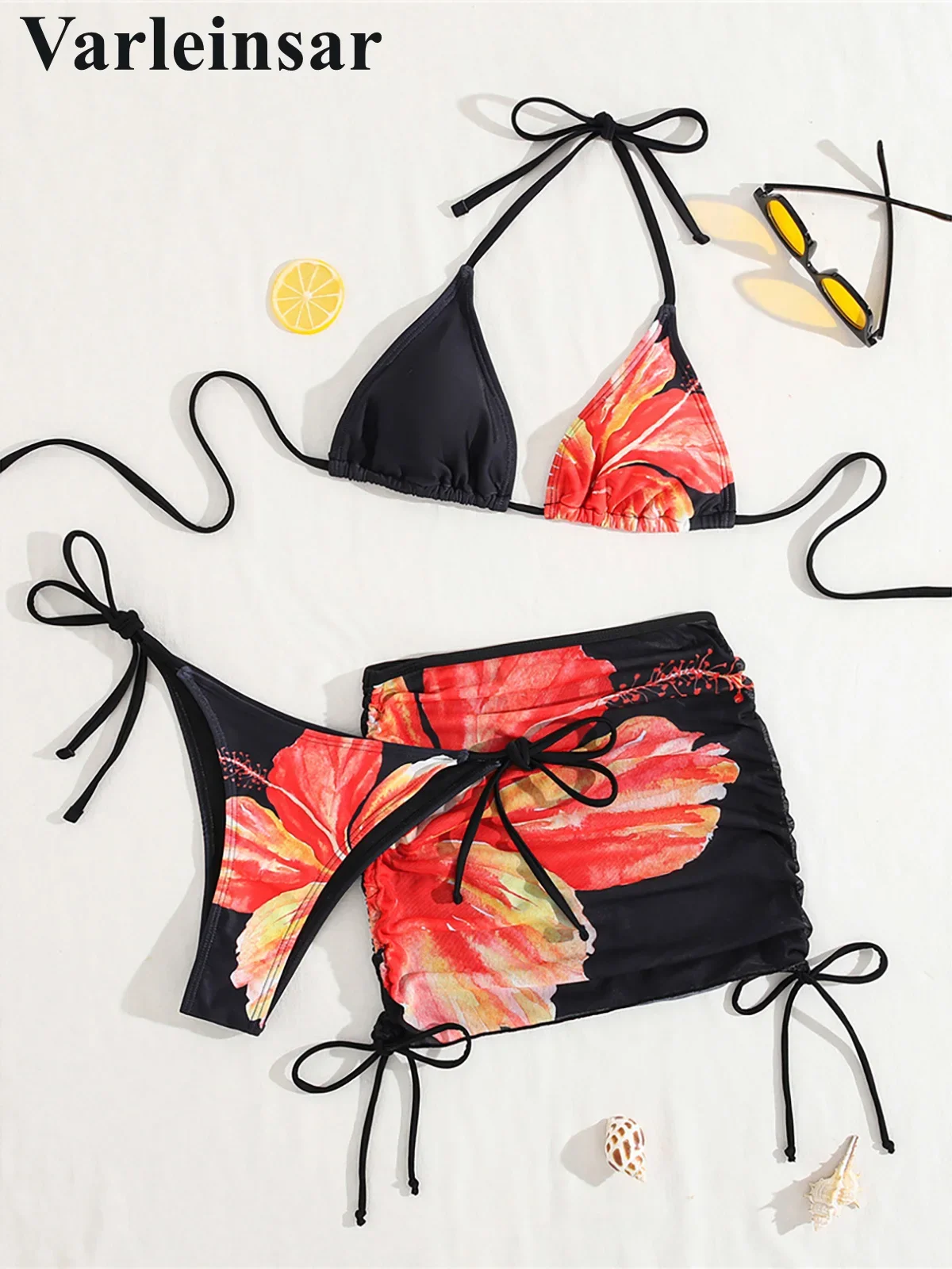 

XS - L Flowers Floral With Skirt Bikini Women Swimwear Female Swimsuit Three-pieces Bikini set Bather Bathing Suit Swim V6794