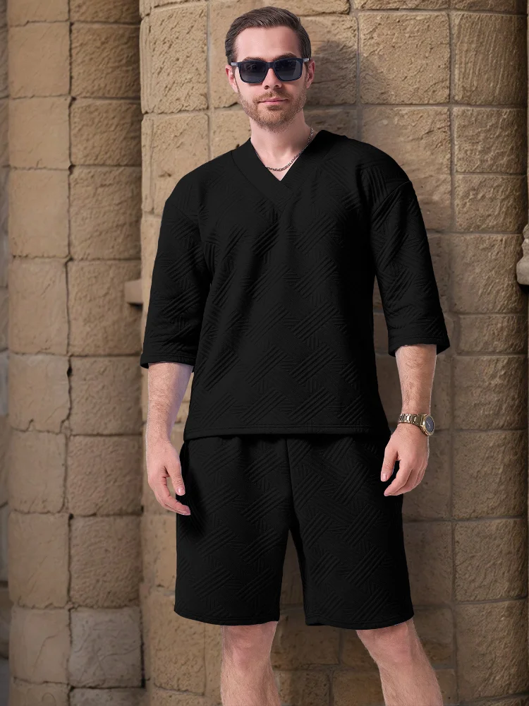 2025 New Style summer men's Set: Fashionable and casual solid color jacquard V-neck half-sleeve drawstring shorts two-piece set