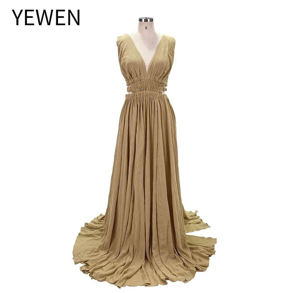 

V-neck Cinched Elastic Waist Dress Side Slit Maternity Dresses for Photo Shoot Maxi Gown YEWEN YW221118