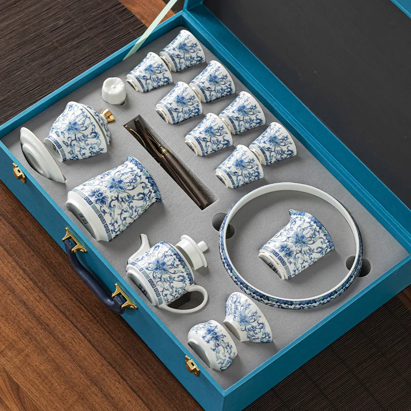 Complete Blue and White Porcelain Ceramic Tea Set Office Reception Gaiwan Tea Cup High-end Tea Set Gift Box Set