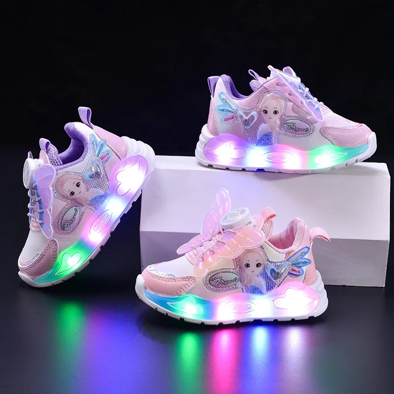 

Kids'Casual Shoes Led Light Elsa Princess Frozen PU Leather Autumn Running Shoes For Children Anti-slip Purple Pink Size 21-30