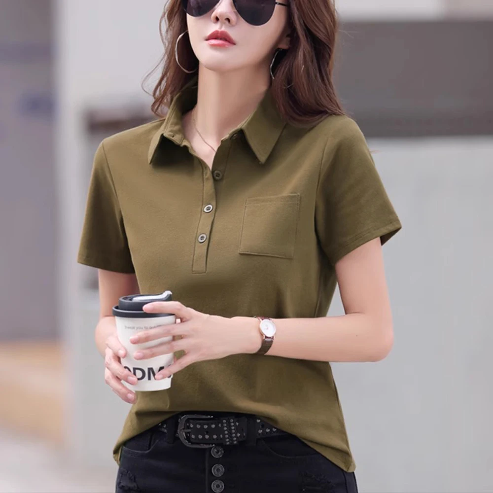 Versão coreana camiseta de manga curta para o verão feminino nova moda high-end puro algodão lapela solta casual oversized topo