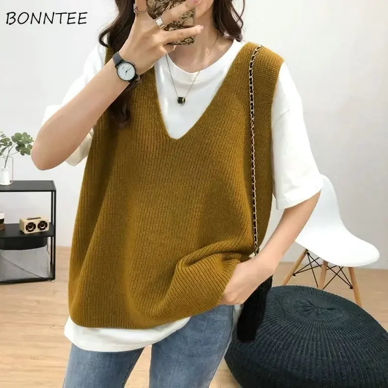

Women Sweater Vest V-Neck Knitting Solid Baggy Leisure Comfortable Autumn All-match Korean Version Ladies Daily Trendy Clothing