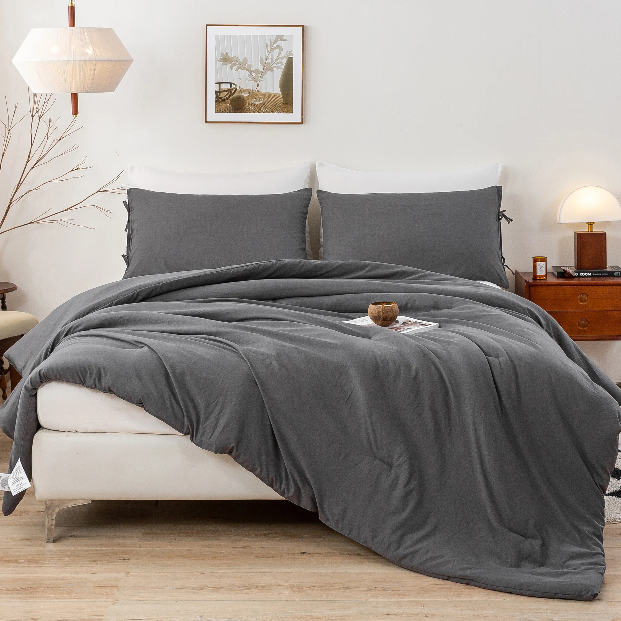 

1 Comforter Set & 2 Pillowcase Lightweight but Warm for All Season Use Cozy Polycotton Fabric Full Size Dark Grey