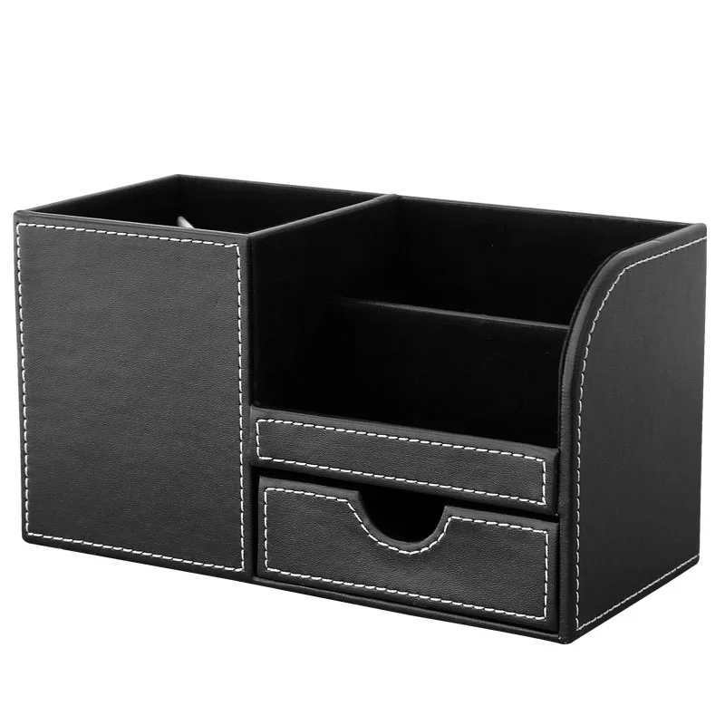 Home Office Desk Organizer PU Leather Storage Box Pen Pot Pencil Holder Remote Control Box Name Card Holder Stand
