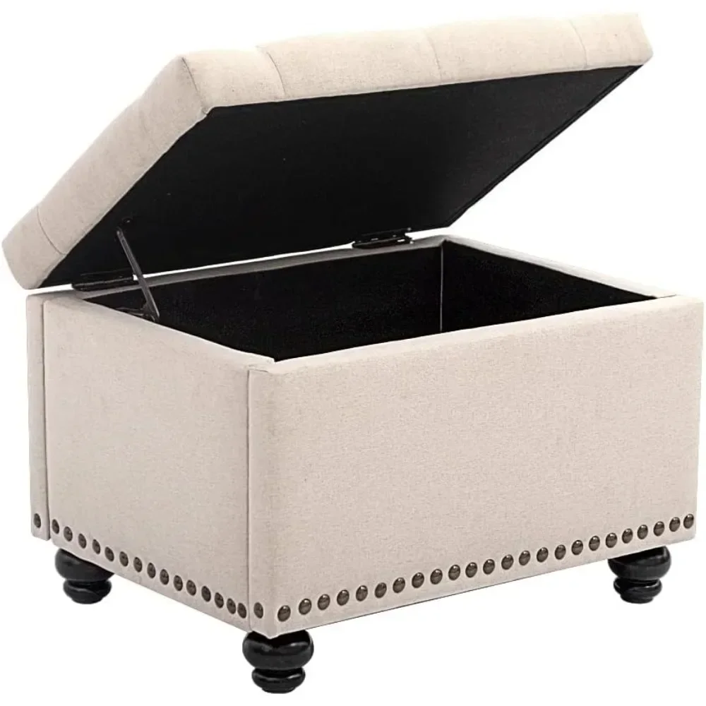 24 inch modern quilted bedroom storage ottoman, linen lift top padded foam ottoman, easy to assemble ottoman