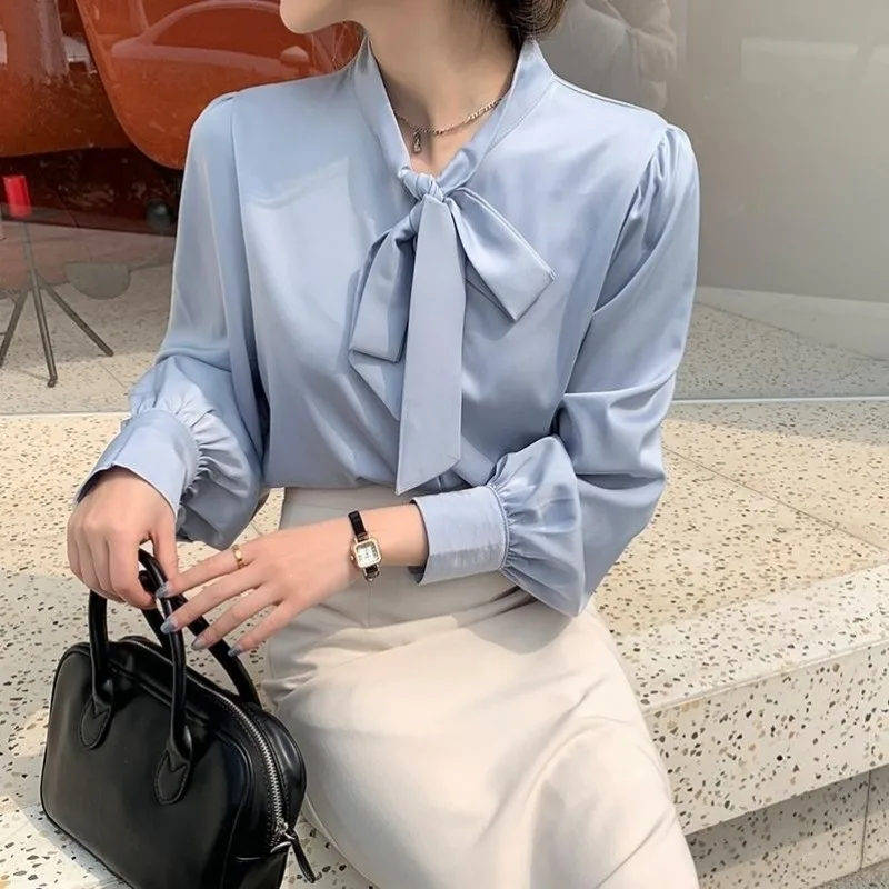 Women Spring Autumn Style Blouses Shirts Lady Casual Long Sleeve Bow Tie Collar Solid Color Blusas Tops WY1041