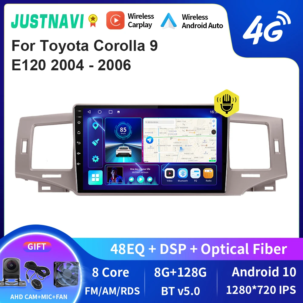 

JUSTNAVI QT10 Wireless CarPlay Android Auto Radio For Toyota Corolla 9 E120 2004 - 2006 Stereo Car Multimedia Video Player GPS