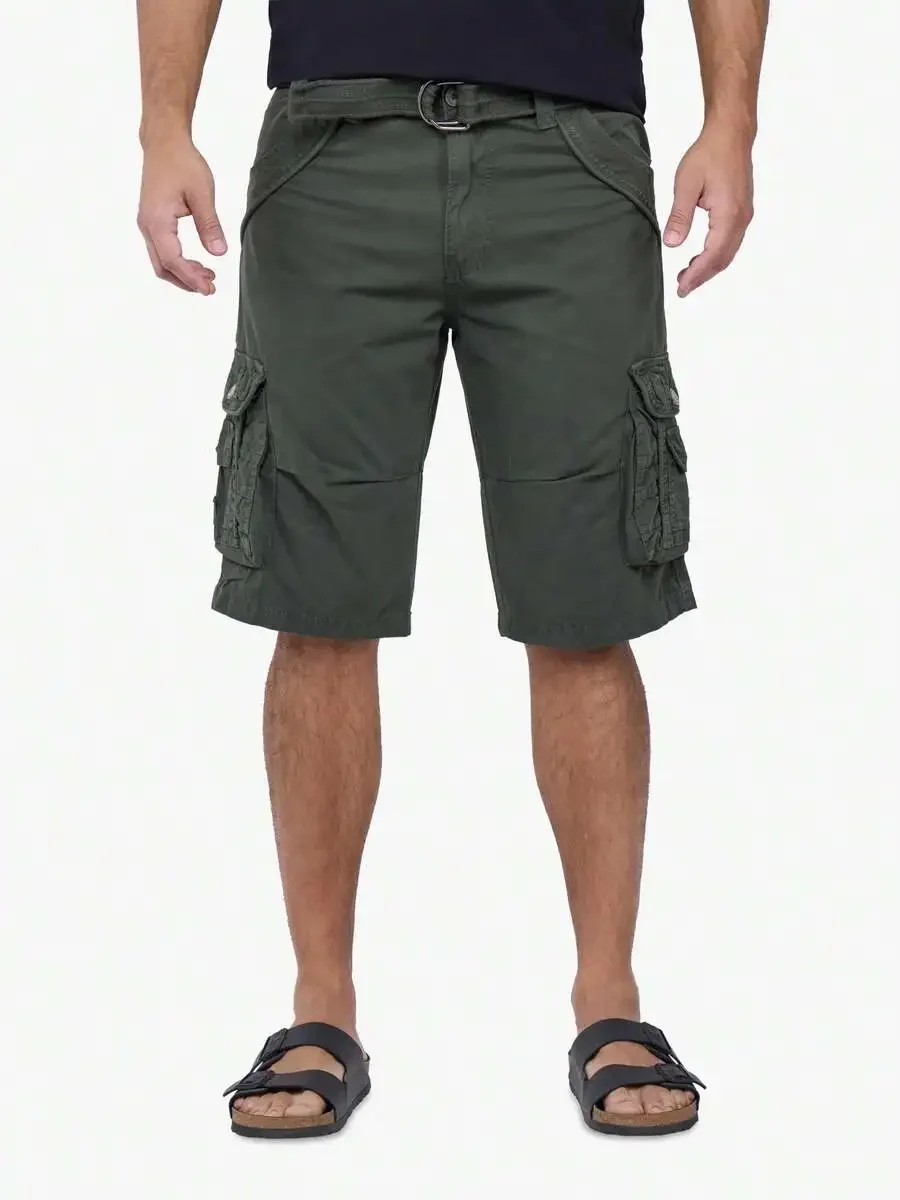 

Mens Belted Cargo Shorts With Snap Closure Twill Cotton