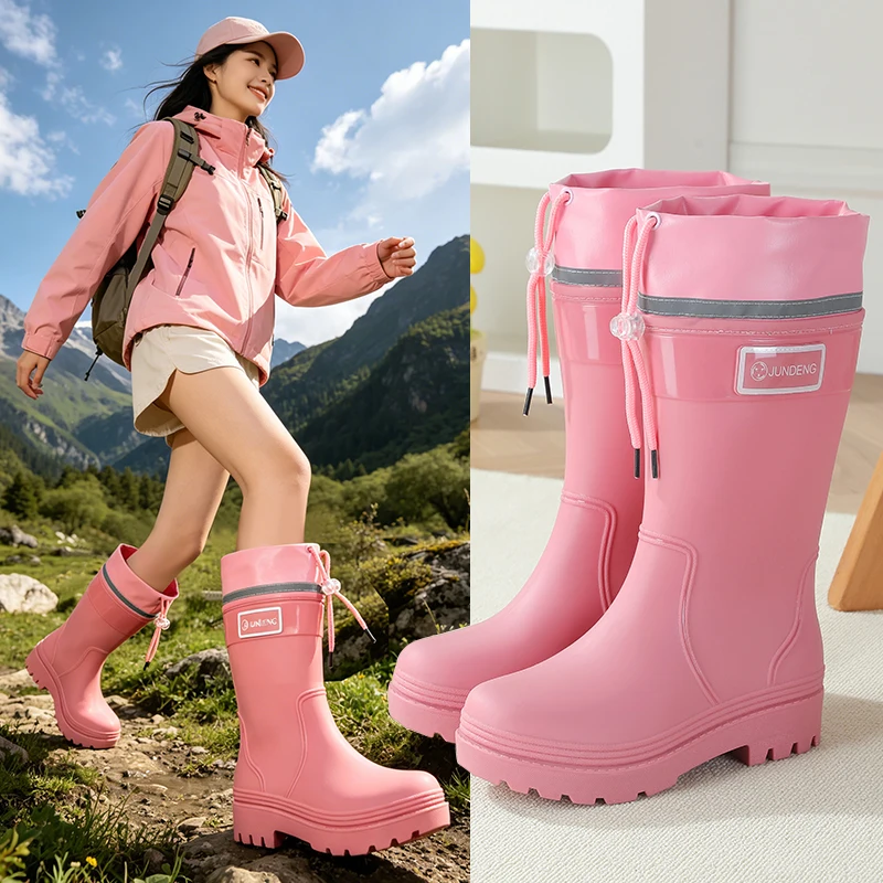 

Sweet Pink Mid-Calf Waterproof Anti-Slip Tied Mouth Rain Boots Women's Outdoor Fashionable Summer New Style Military Style Shoes