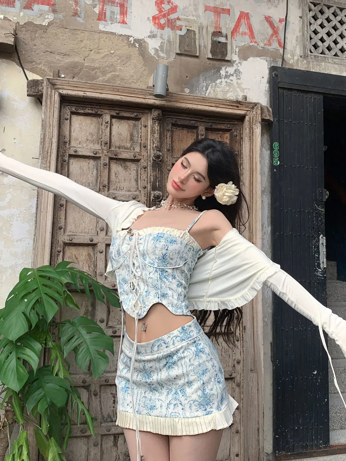 

Летняя сексуальная лоскутная плиссированная синяя полуюбка с принтом, женская юбка в стиле академии для пляжного отдыха