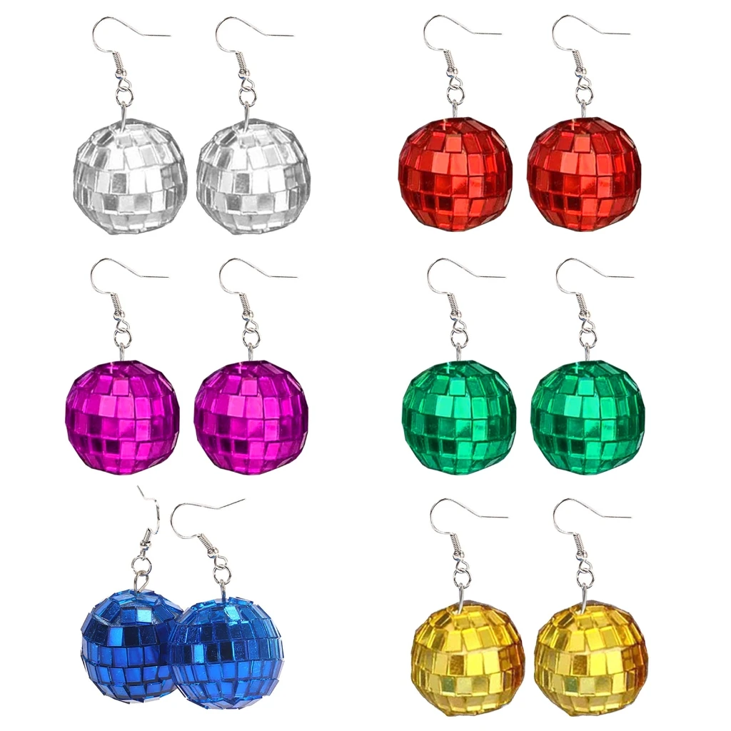 1Pair 70's Disco 30mm Lantern Ball Color Mirror Ball Pendant Simple Bounce Earrings Costume Accessory for Personal Decor