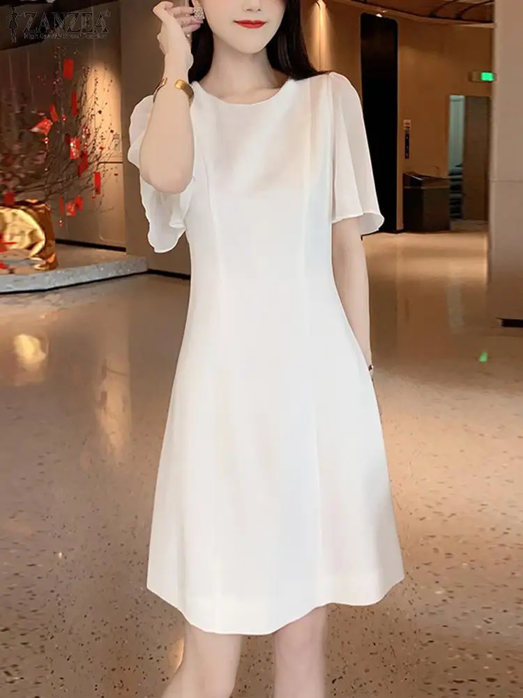 

ZANZEA Women O Neck Dress Party Elegant Flare Sleeve OL Work Knee-length Sundress Cinched Waist 2024 Fashion A-line Vestidos