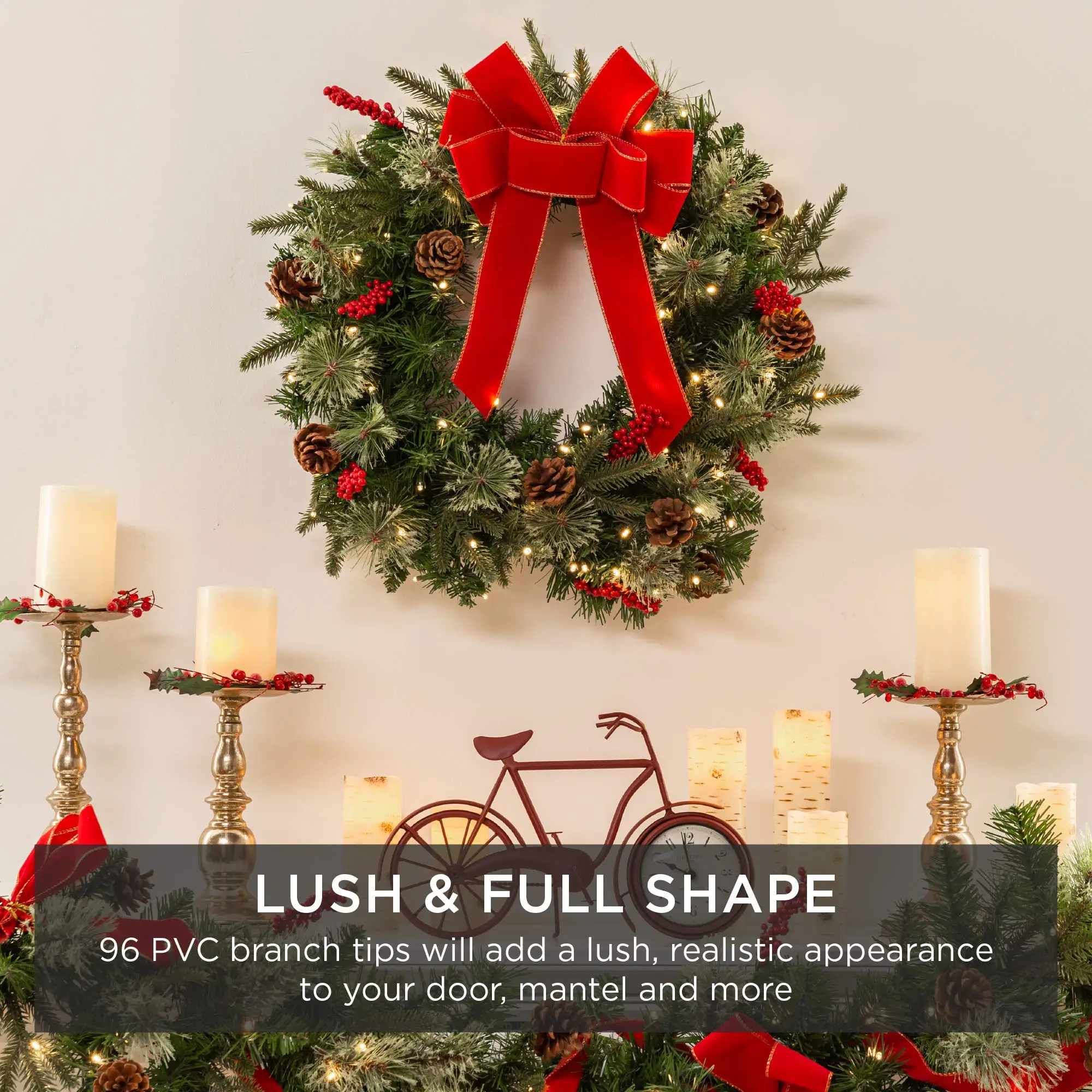 24in Pre-Lit Battery Powered Christmas Wreath Artificial Pre-Decorated Holiday Accent w/ 70 Lights, 96 PVC Tips