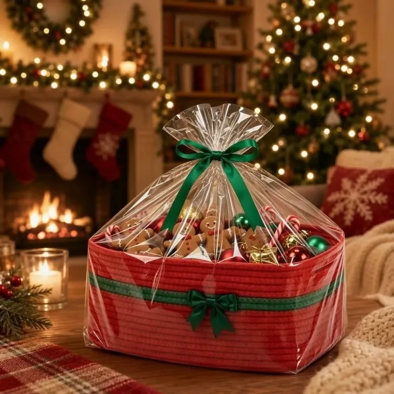 Cotton Rope Storage Basket Large Capacity with Handle Bowknot Ribbon Decor Christmas Gift Container for Xmas Gift