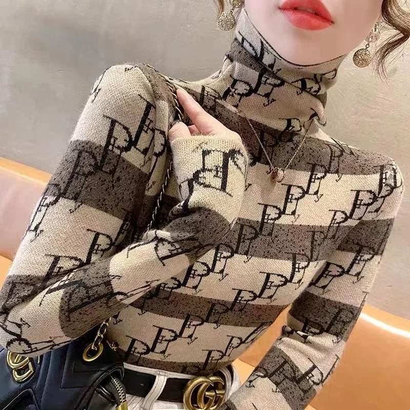 

Women Y2k Letter Jacquard Sweaters Autumn Wintet Causal Slim Tops Warm Soft Comfortable Vintage Chic Elasticity Knitwear