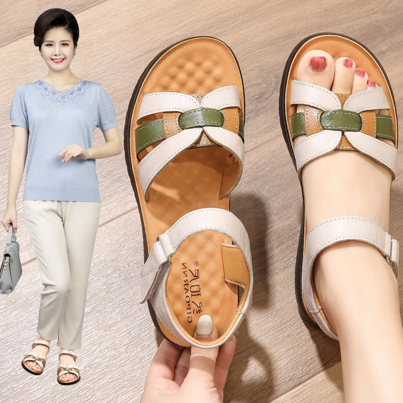 2024 Summer Leather Women Sandals Shoes Woman Casual Soft Wedge Heeled Sandals Women Flats Outdoor Beach Sandals