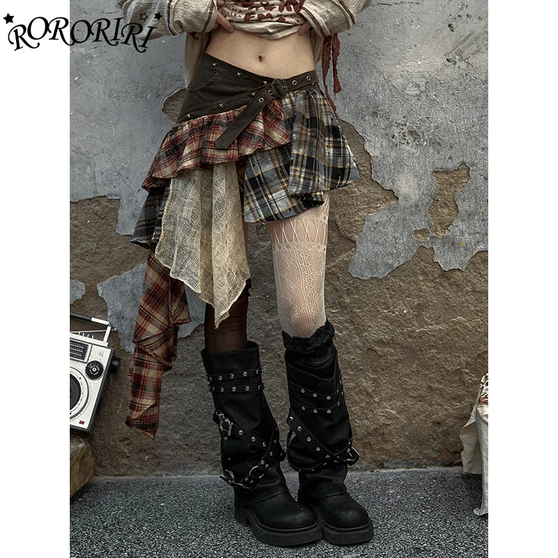 RORORIRI Women Stitch Lace Irregular Ruffle Plaid Skirt Studded Low Rise Belted Asymmetric Mini Skirt Vintage Punk Streetwear