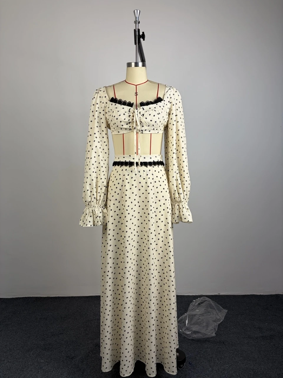 Vacation Dot Pattern Square Collar Lantern Sleeve Short Top Half Skirt Set High Waist Long Dress A-Line Skirt Daily Date Wear